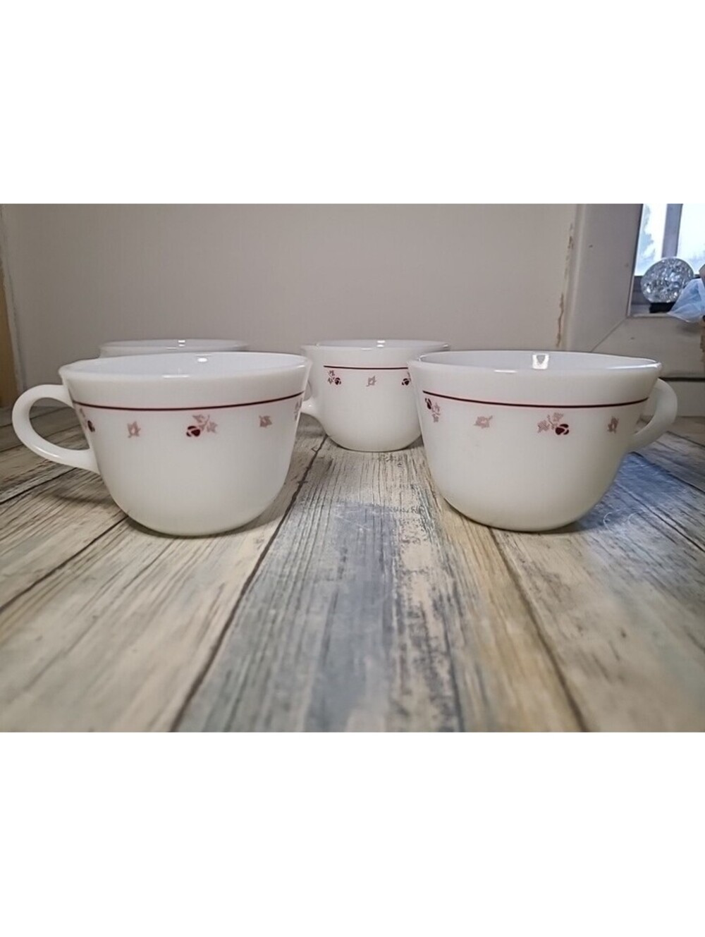 4 Corning Burgundy Rose Teacups Vintage
